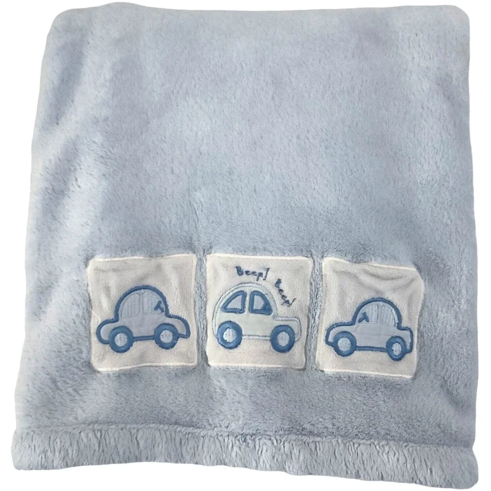 Blue Beep Slug Bug Car Baby Boy Blanket Soft‎ Fleece Lovey 30x40 White